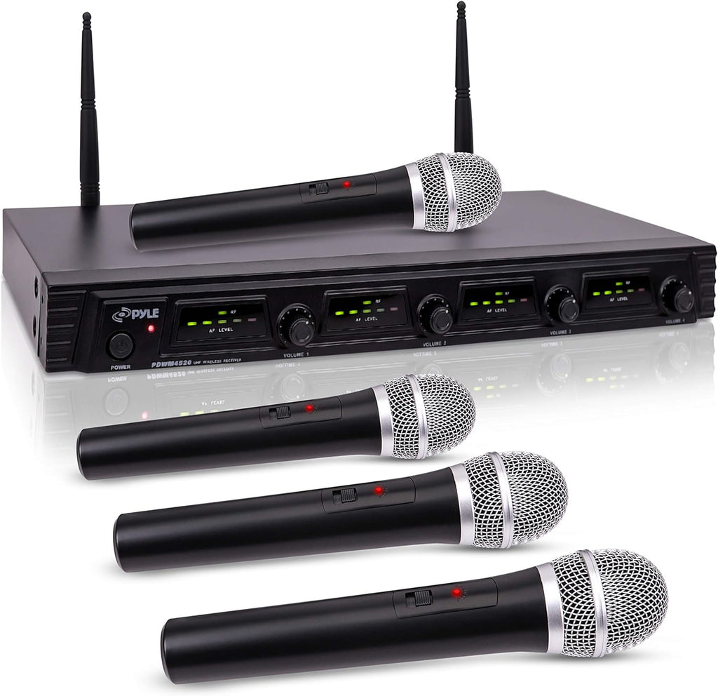 4 Channel Wireless Microphone System with 4 Handheld Dynamic Mic, Receiver, Dual Antenna, Black X97421