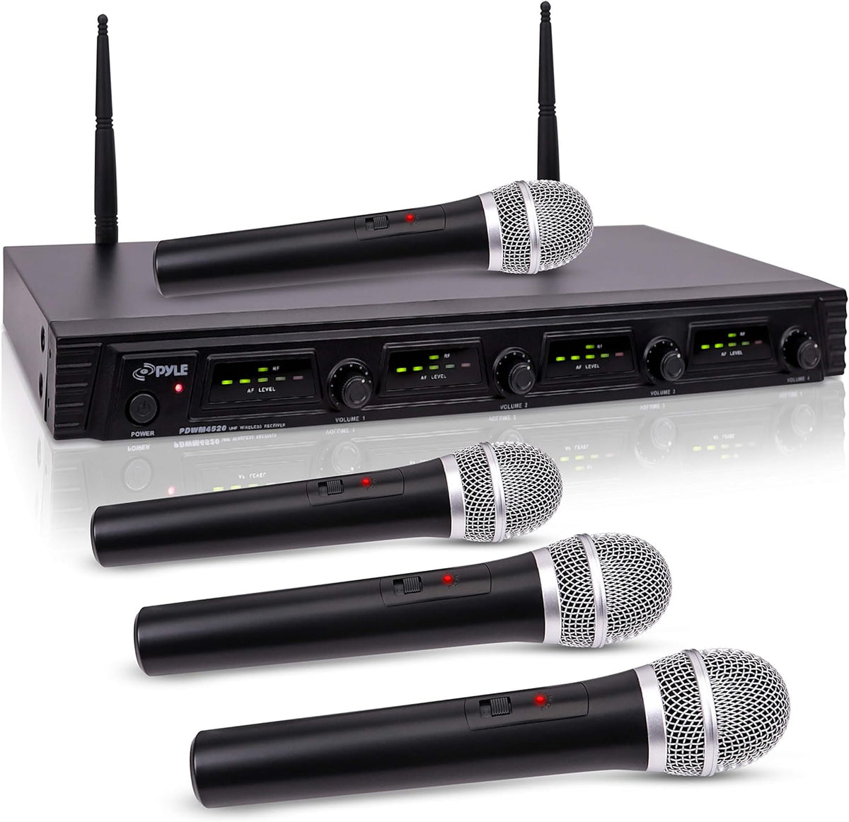 4 Channel Wireless Microphone System with 4 Handheld Dynamic Mic, Receiver, Dual Antenna, Black X97421