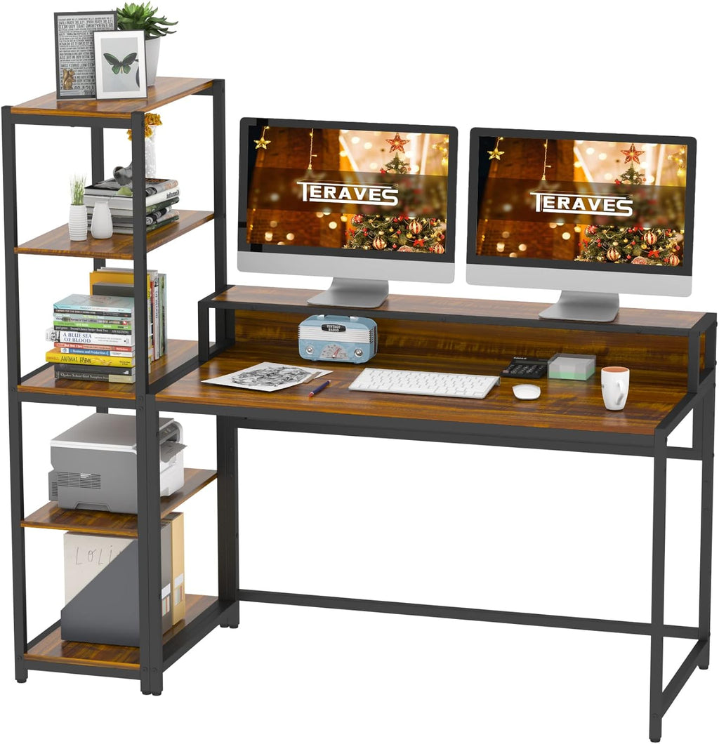 47 Inch Reversible Computer Desk with 5 Tier Shelves and Storage P239838