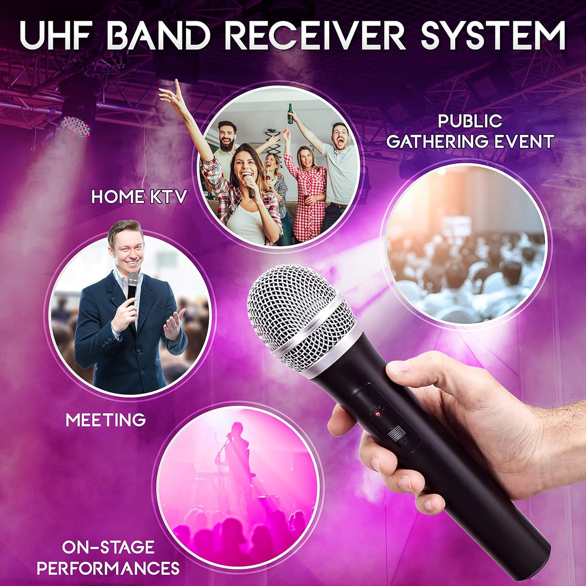 4 Channel Wireless Microphone System with 4 Handheld Dynamic Mic, Receiver, Dual Antenna, Black X97421