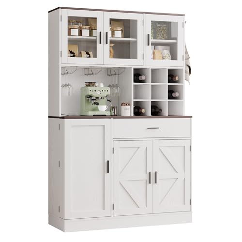 White Tall Kitchen Pantry Cabinet with Glass Doors and Adjustable Shelves S57358