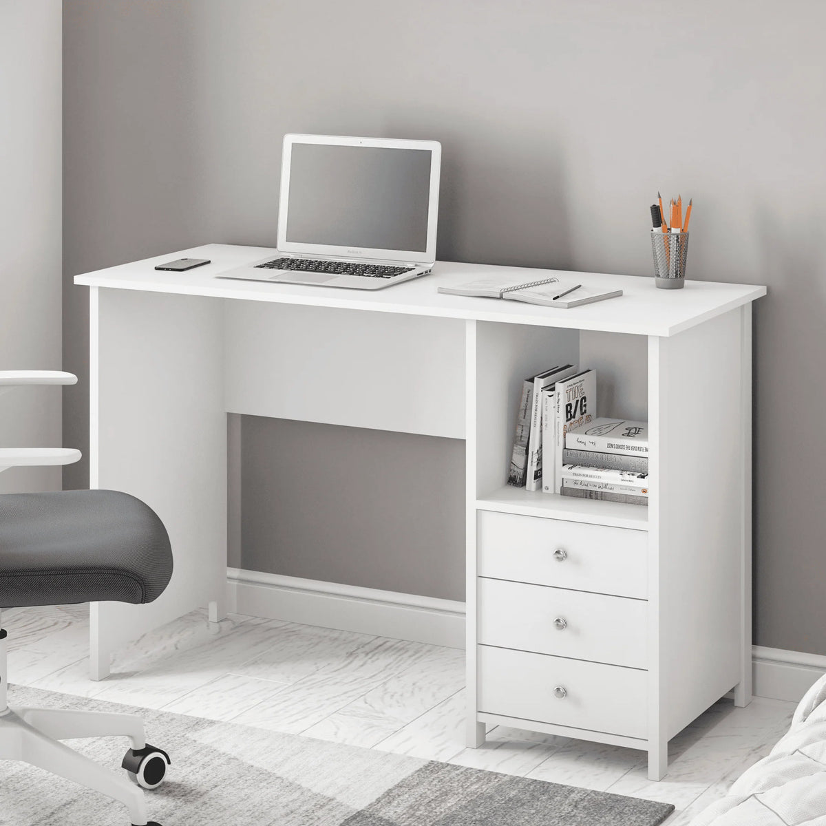 Contemporary Desk with 3 Storage Drawers, White Q3500