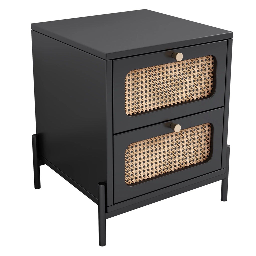 Black 2-Drawer Rattan Wood Side Table S908