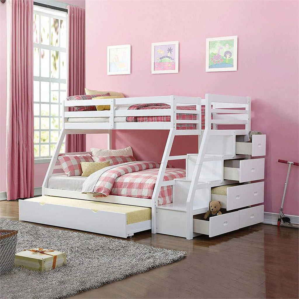 White Wood Twin over Full Bunk Bed with Ladder Q124523