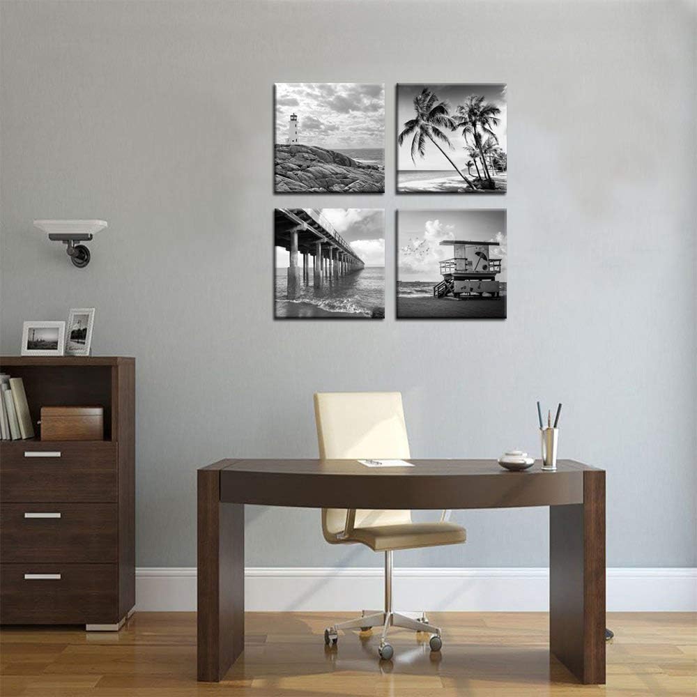 Black and White Beach Wall Art Florida Seascape Painting Lighthouse Lifeguard Tower Pier Picture Print Framed Artwork Ready to Hang B767395