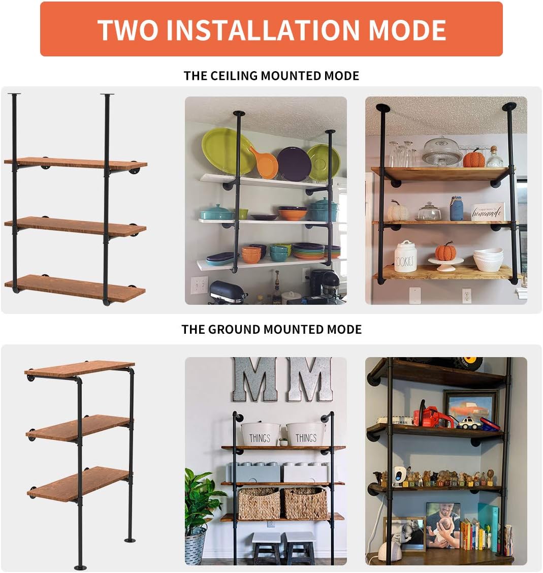 Industrial Wall Mount Iron Pipe Shelving 5 Tier Black G44671