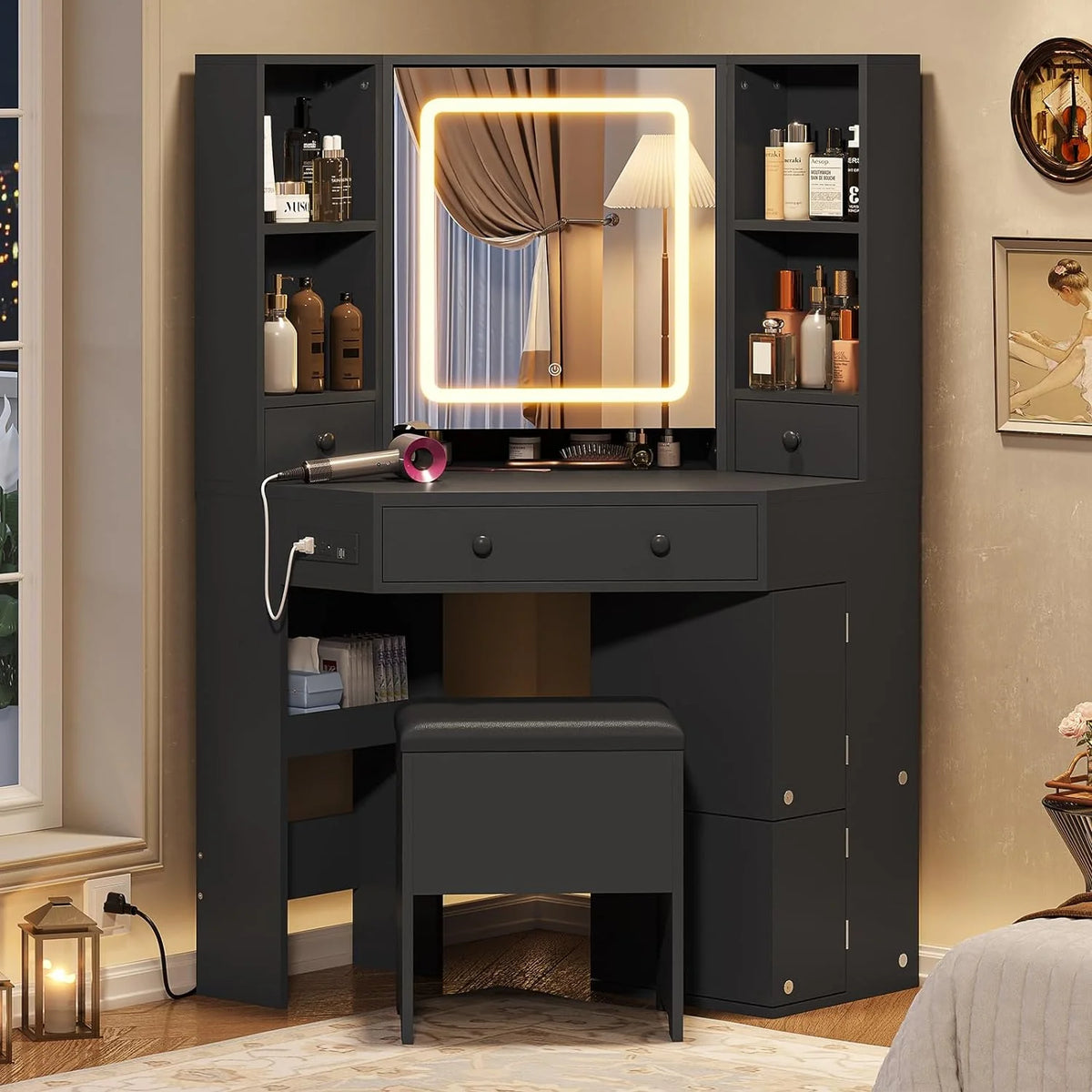 Black Makeup Desk with Lighted Mirror and Charging Station V393582