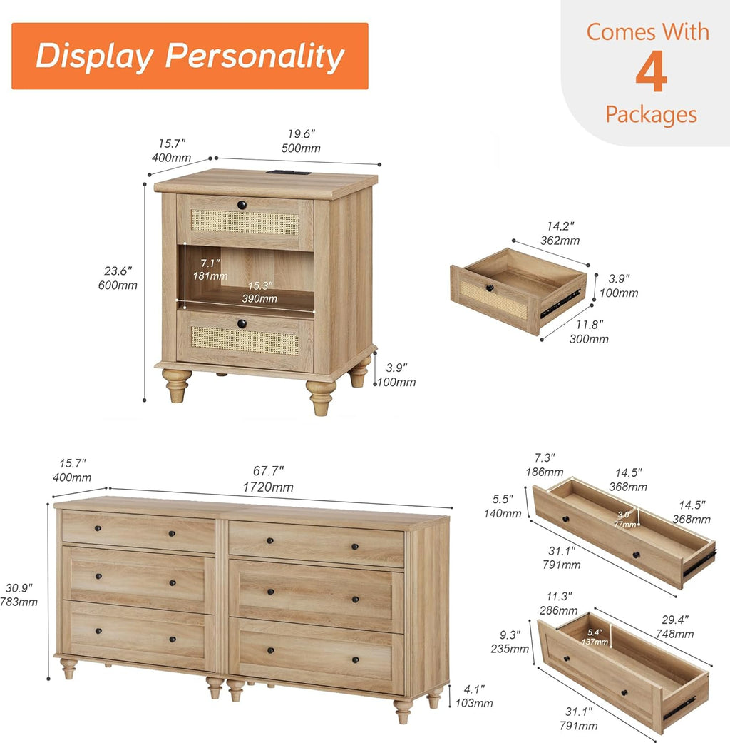 4 Piece Dresser and Nightstand Sets with Charging Station, Oak L4762