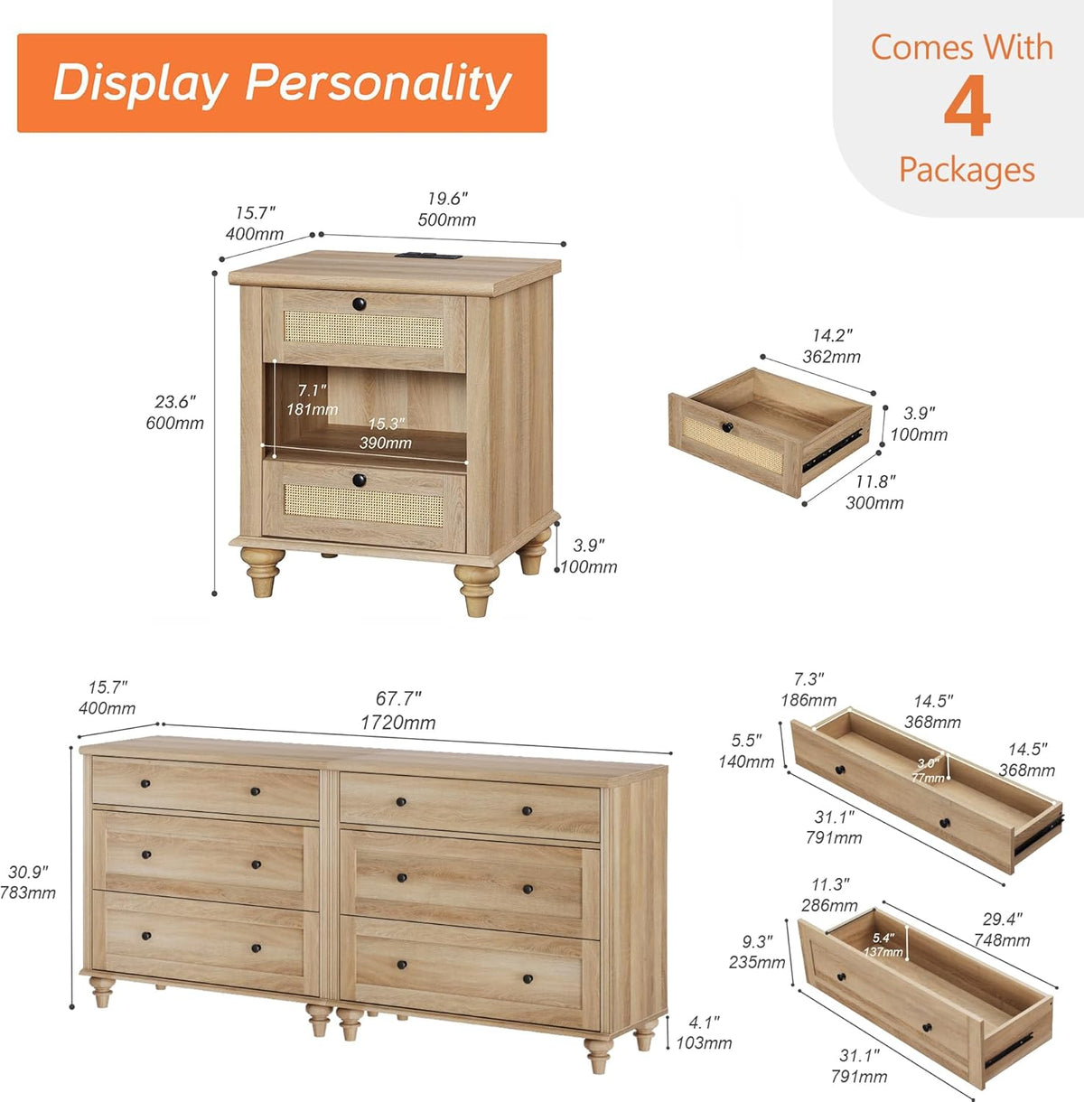 4 Piece Dresser and Nightstand Sets with Charging Station, Oak L4762