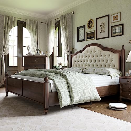 Walnut Queen Size Solid Bed Frame with Upholstered Tufted Headboard F2084