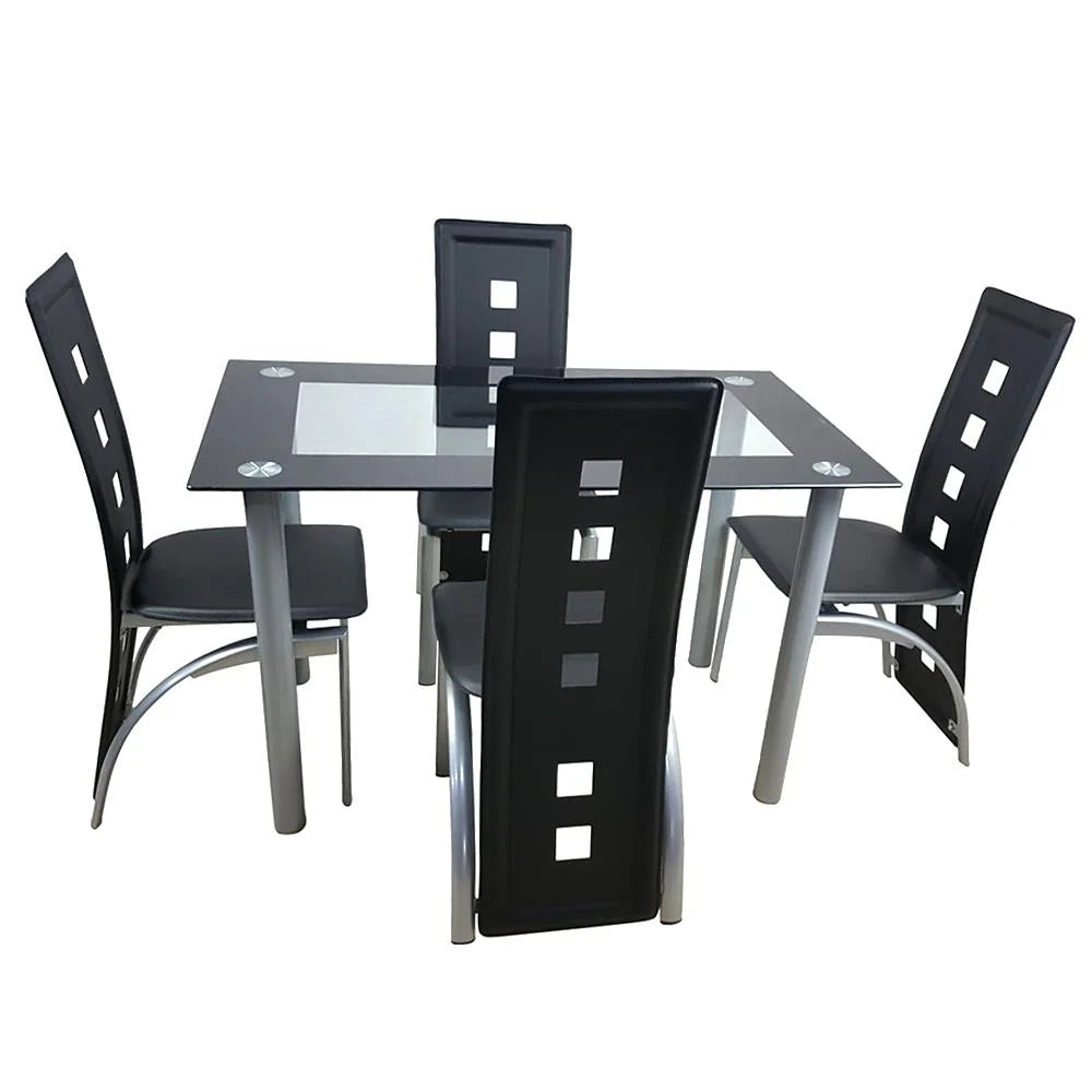 Transparent & Black Tempered Glass Dining Table Set with 4pcs Chairs L141