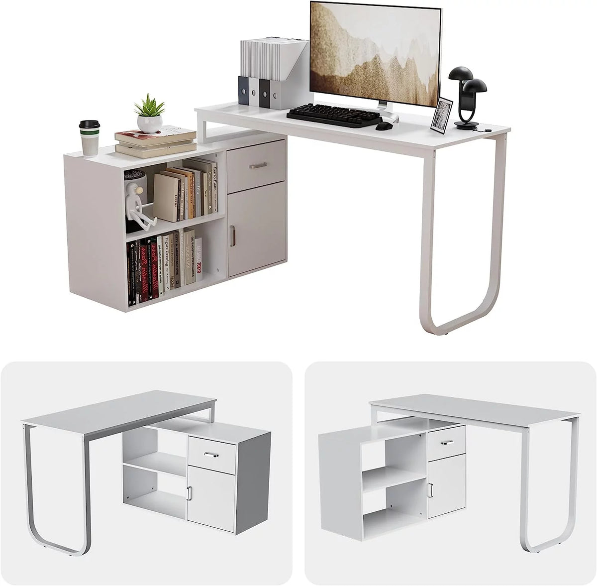 White L-Shaped Computer Desk with Drawer and 2 Shelves X8266