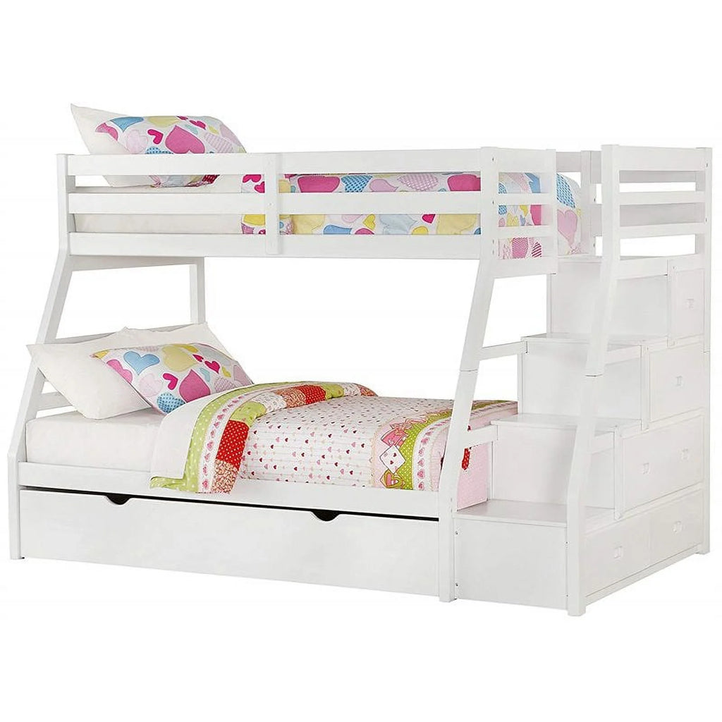 White Wood Twin over Full Bunk Bed with Ladder Q124523