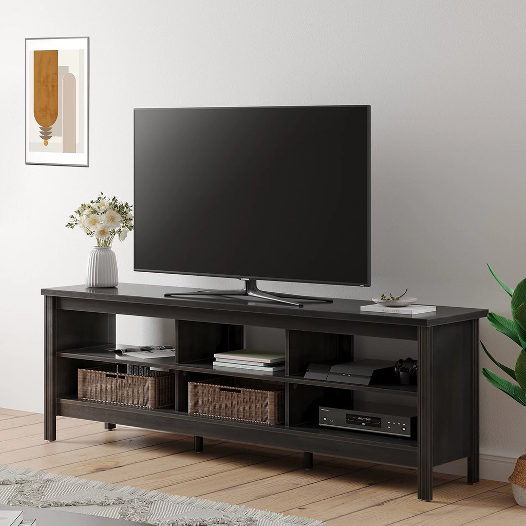 Black Wood TV Stand with 6 Open Shelves D6329