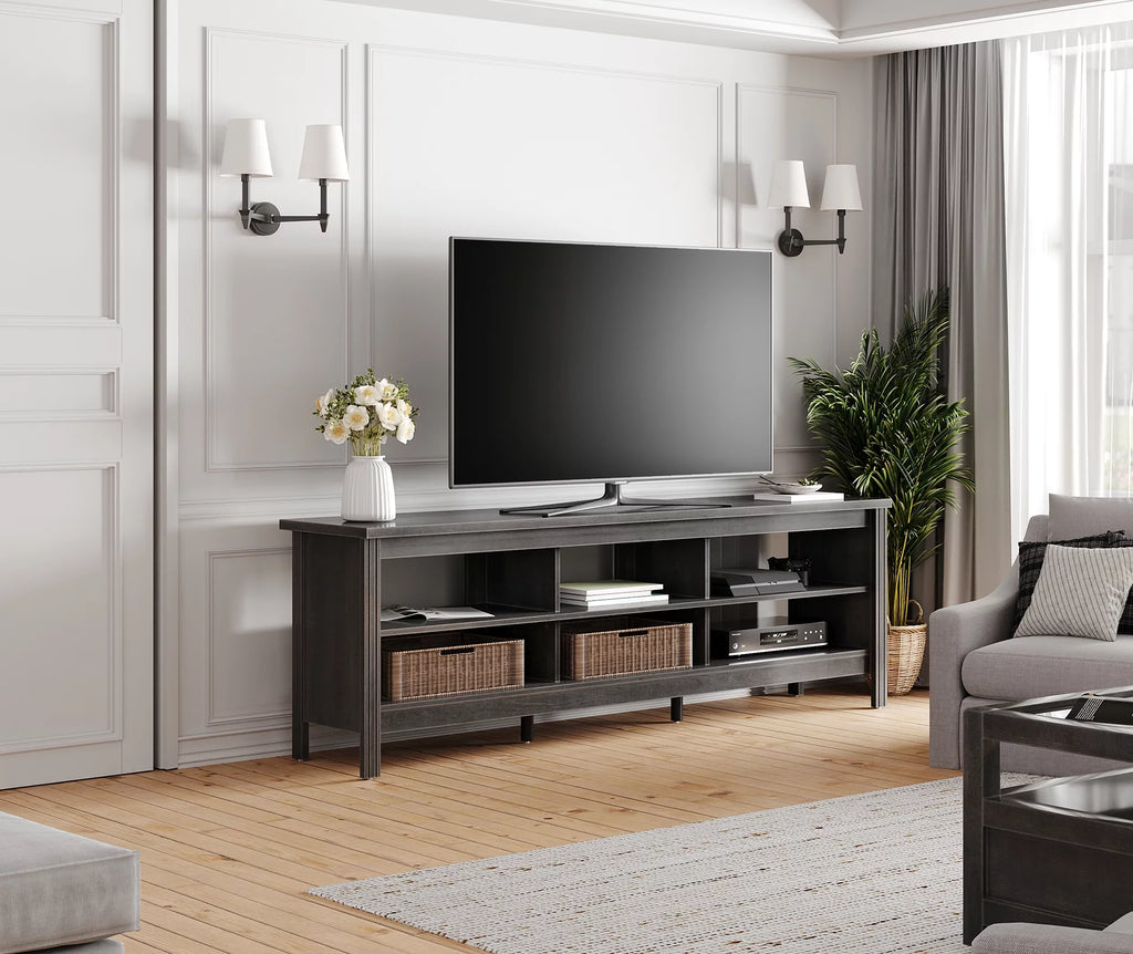 Black Wood TV Stand with 6 Open Shelves D6329
