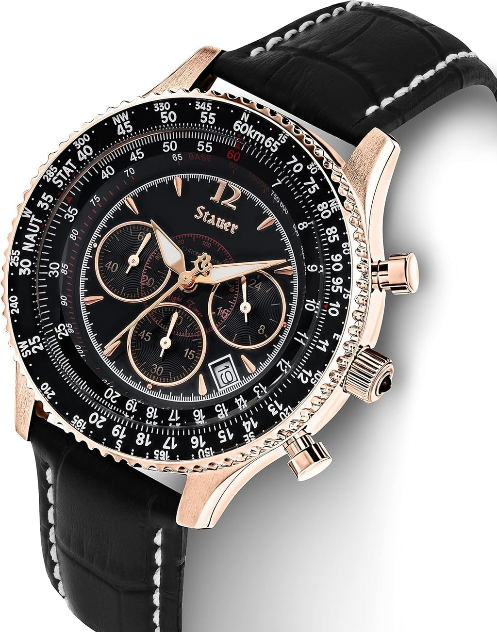 Vintage Style Chronograph Watch with Genuine Crocodile-Embossed Black Leather Band and Rose Gold Stainless Case D50653