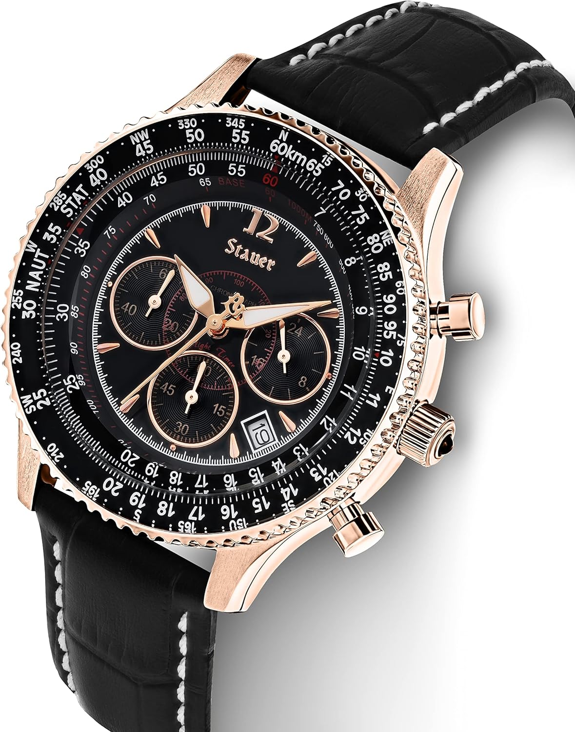 Vintage Style Chronograph Watch with Genuine Crocodile-Embossed Black Leather Band and Rose Gold Stainless Case D50653