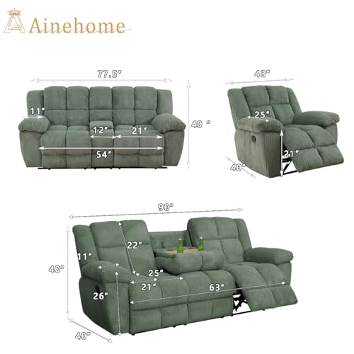 Manual Recliner Sofa Set, Corduroy Recliner Chair, Green W7049