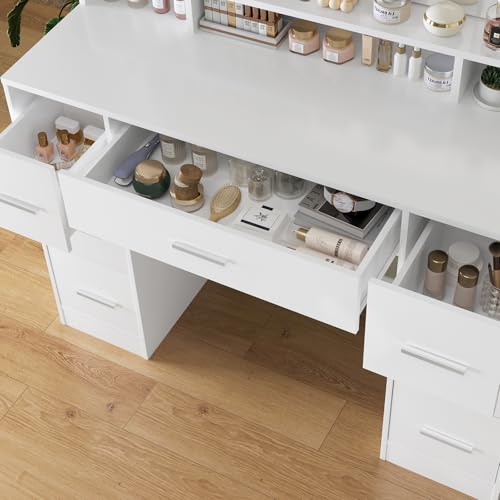 White 43.3" Vanity Desk with Lighted Mirror and 7 Drawers K123
