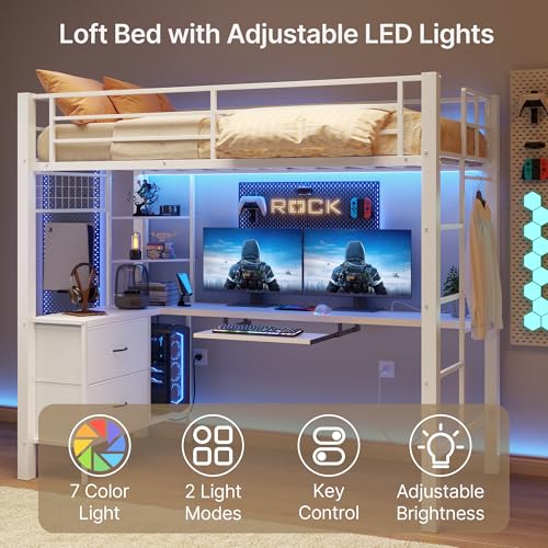 Brown Twin Loft Bed with L-Shaped Desk and LED Lights H4473