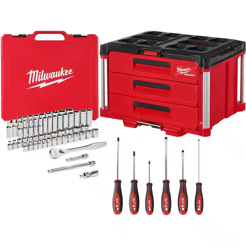 3/8 in. Drive SAE/Metric Mechanics Tool Set 62-Piece with 3-Drawer Tool Box U80703
