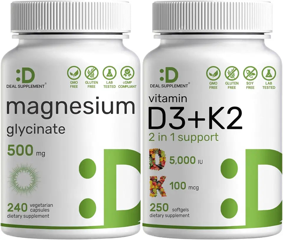 Magnesium Glycinate 500mg Veggie Capsules & Vitamin D3 5,000iu + K2 100mcg Softgels R656