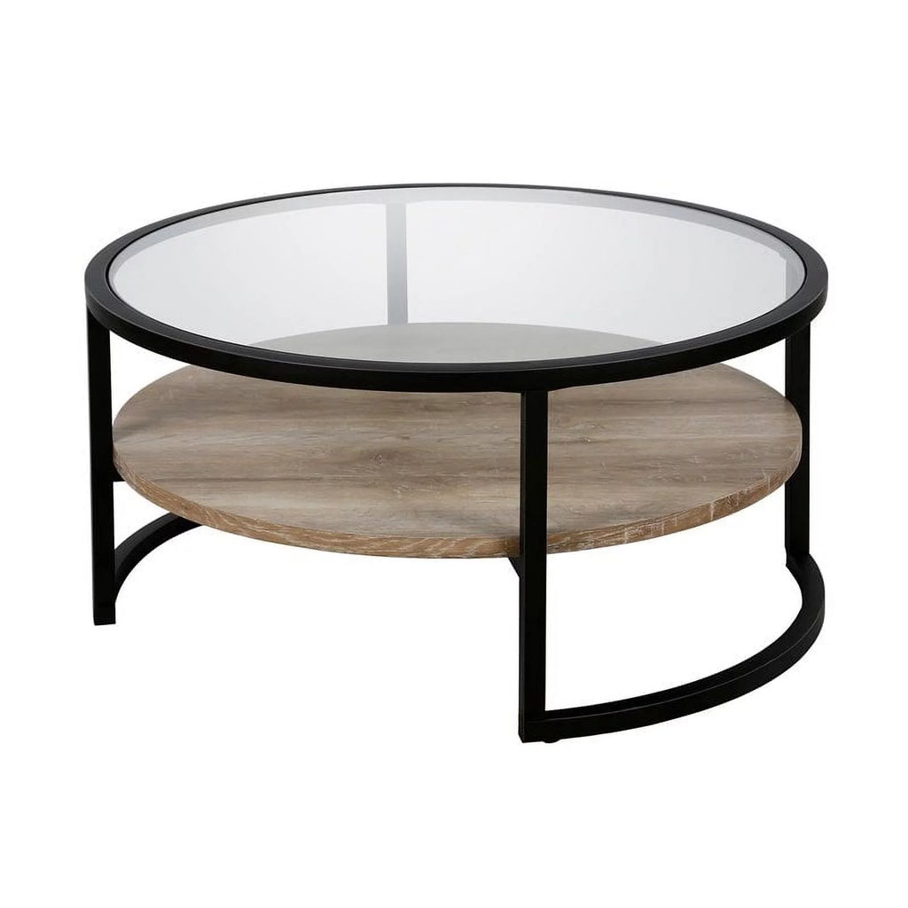 Modern Round Metal Coffee Table with Oak Shelf J541059