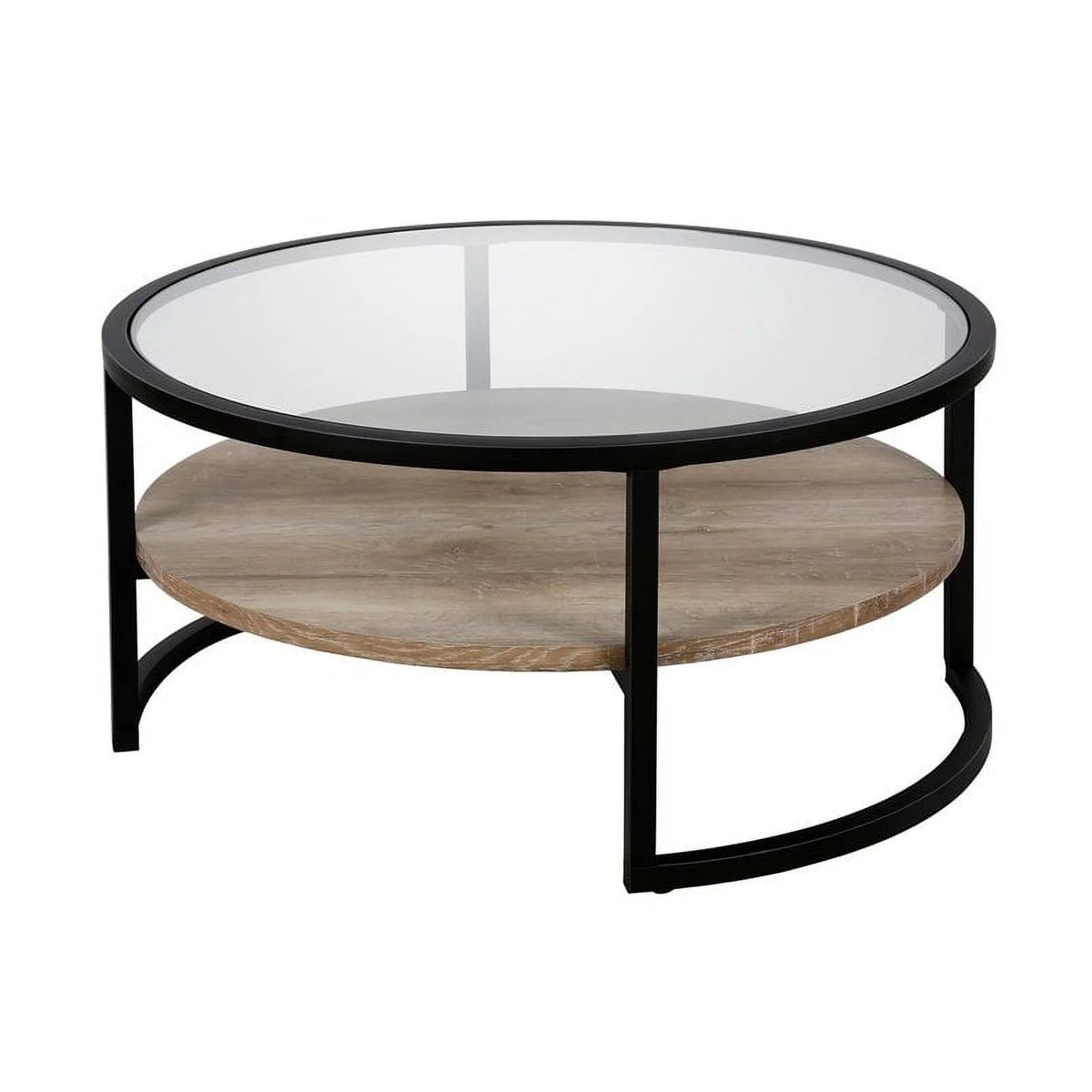 Modern Round Metal Coffee Table with Oak Shelf J541059