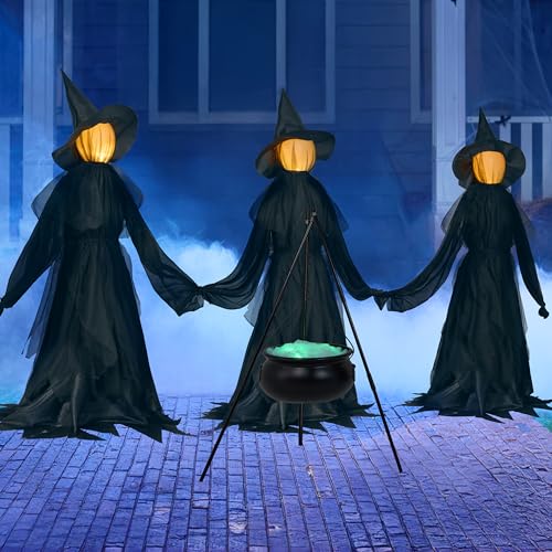 Set of 3 Light Up Witch Decorations with Cauldron W5285