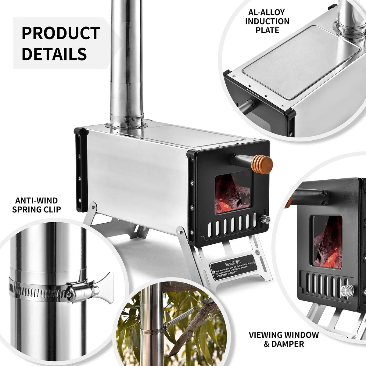 Stainless Steel Portable Camping Wood Burning Stove with Chimney Pipes T7515