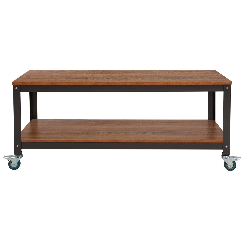Brown Oak Wood Grain TV Stand with Metal Wheels J8711