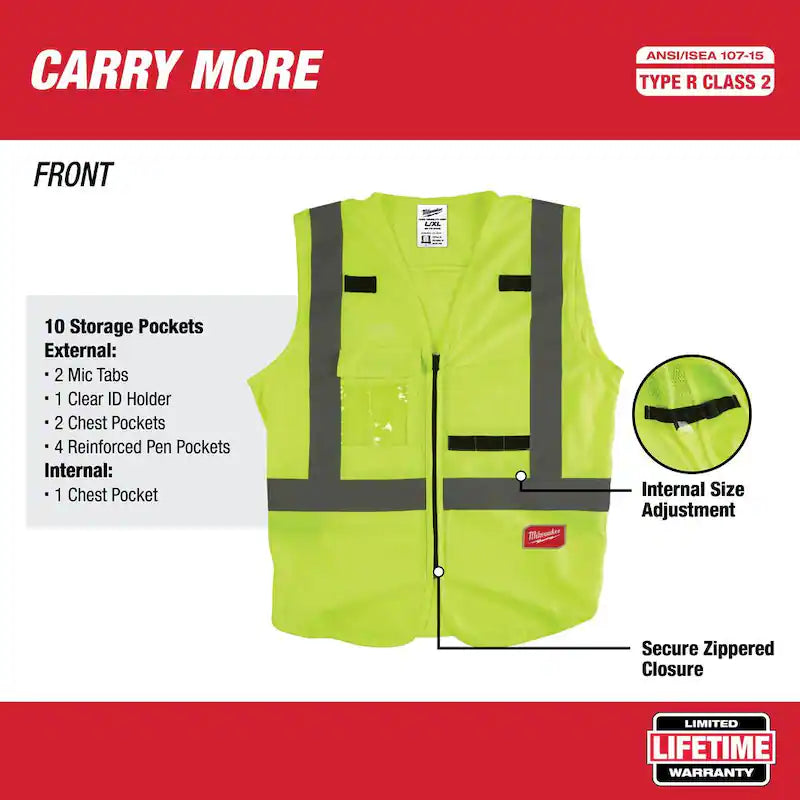 Yellow Class 2 High Visibility Safety Vest with 10 Pockets 12-Pack X239414