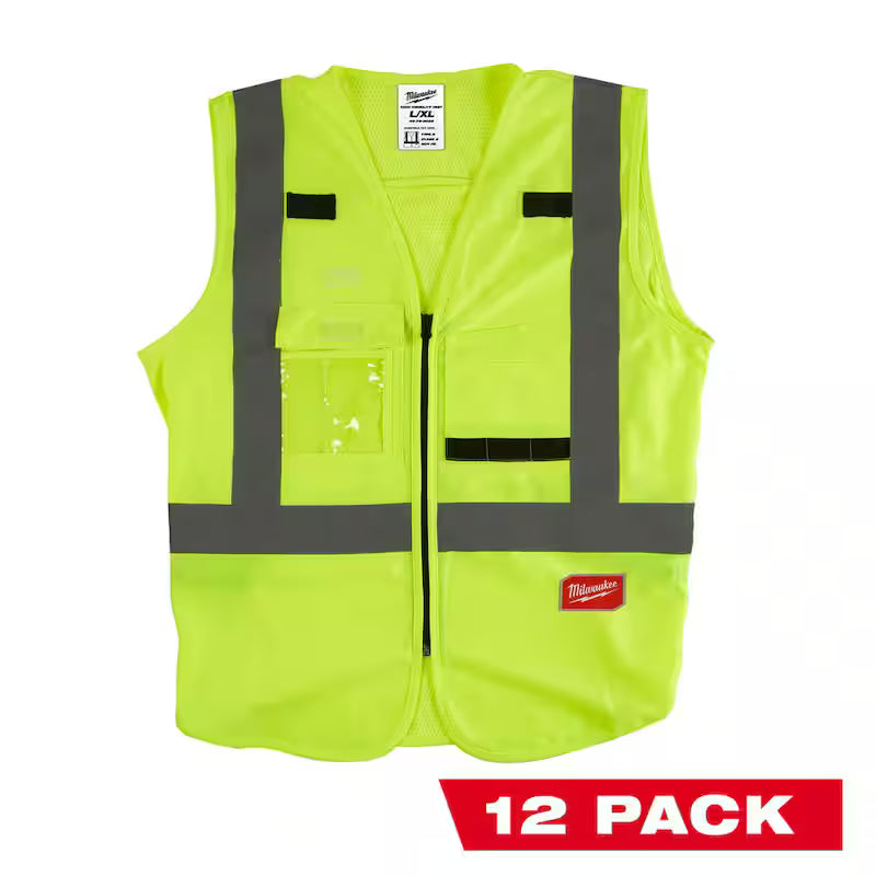 Yellow Class 2 High Visibility Safety Vest with 10 Pockets 12-Pack X239414