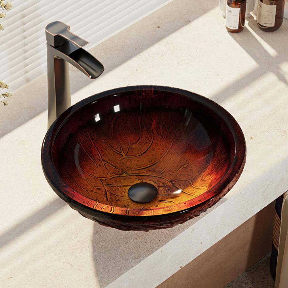 Red Lava Glass Vessel Bathroom Sink with Vessel Faucet T56242