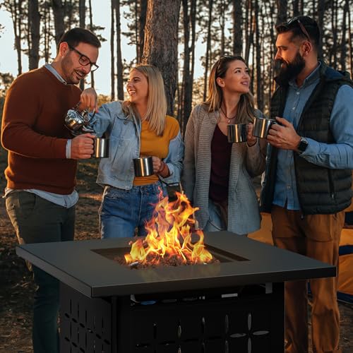 Black 28 Inch Steel Propane Fire Pit with Lid and Lava Rock X627478