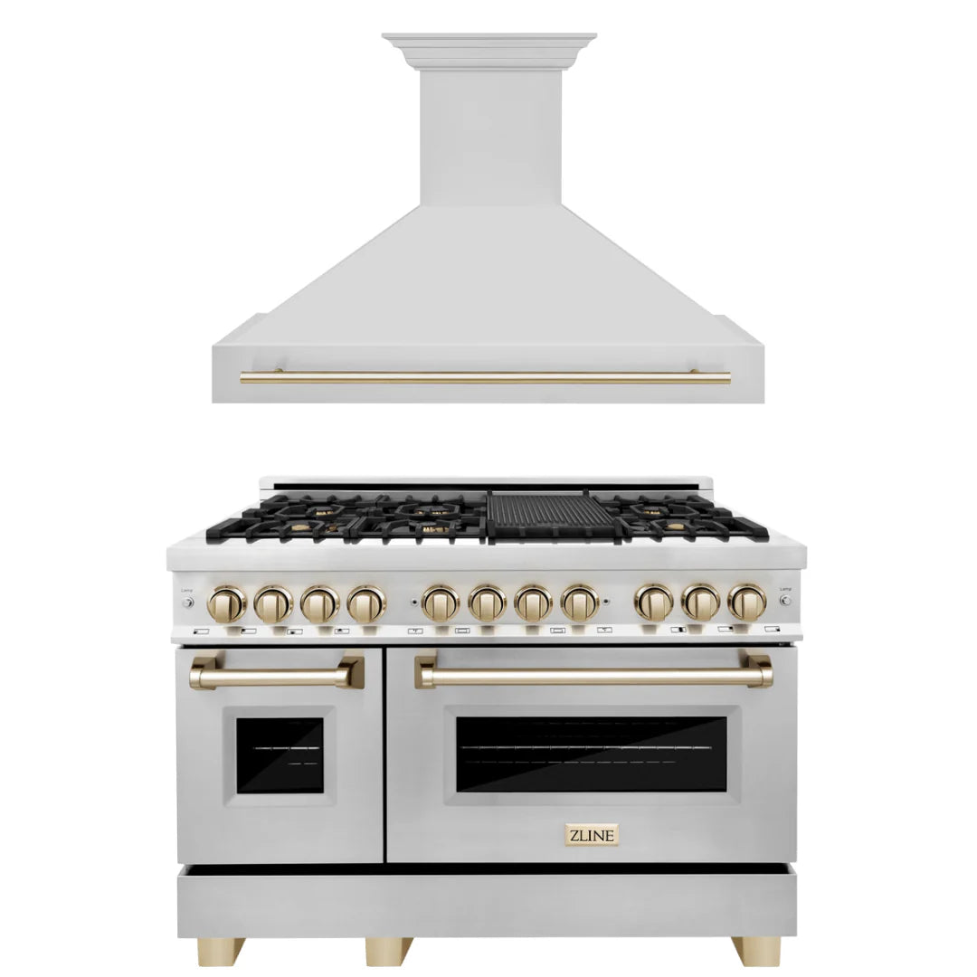 48 In. Dual Fuel Range and Range Hood in Stainless Steel with Gold Accents B822485