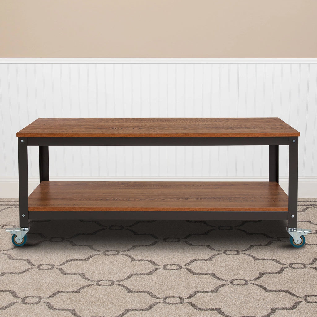 Brown Oak Wood Grain TV Stand with Metal Wheels J8711