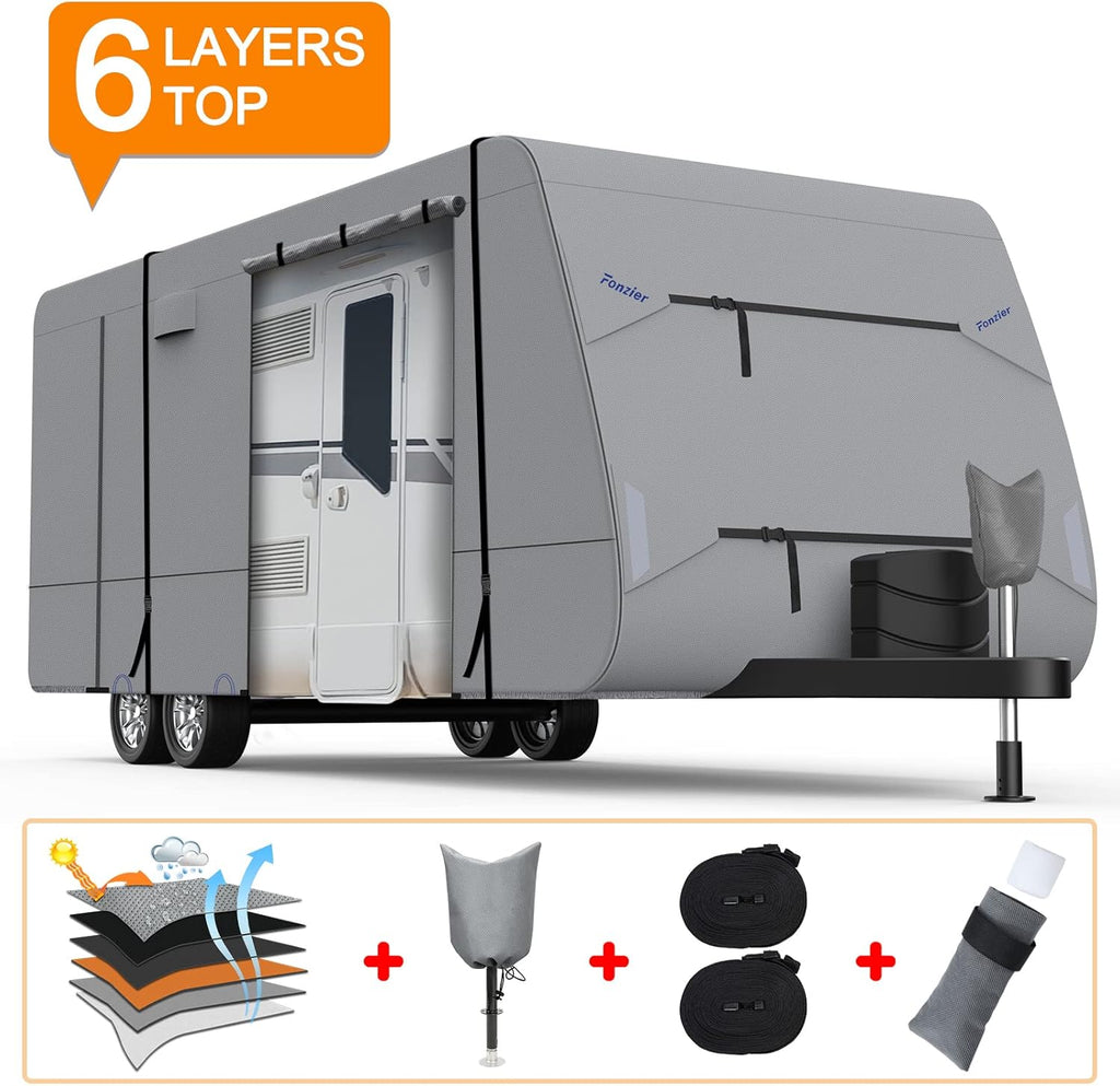 Heavy Duty 6 Layers Travel Trailer RV Cover Anti-UV Breathable Rip-Stop with 2Pcs Extra Straps & Gutter Spout Covers N4561