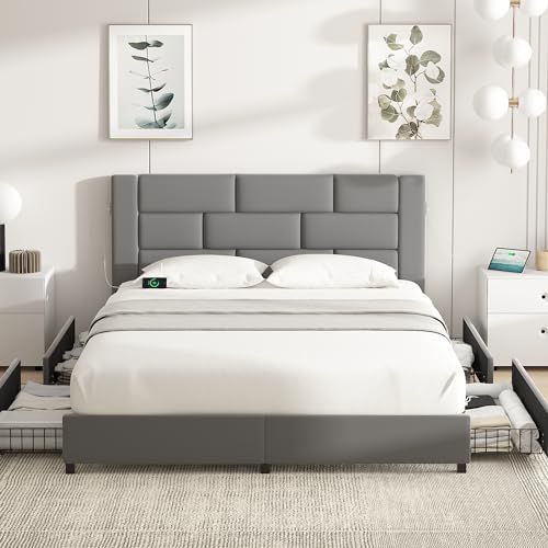 Beige Queen Size Upholstered Bed Frame with 4 Storage Drawers F2036