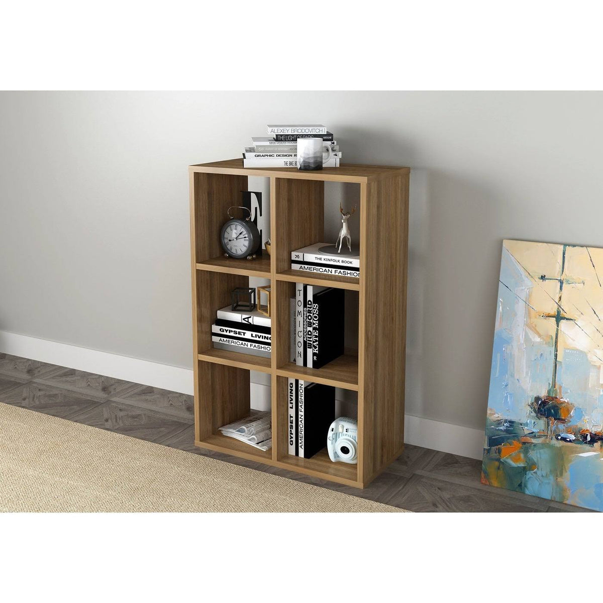 Walnut Cube Shape Bookcase 6 Open Storage L298246