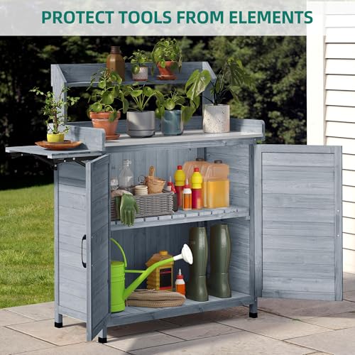 Solid Wood Potting Bench Table with Folding Pallet and Metal Tabletop, Grey I153
