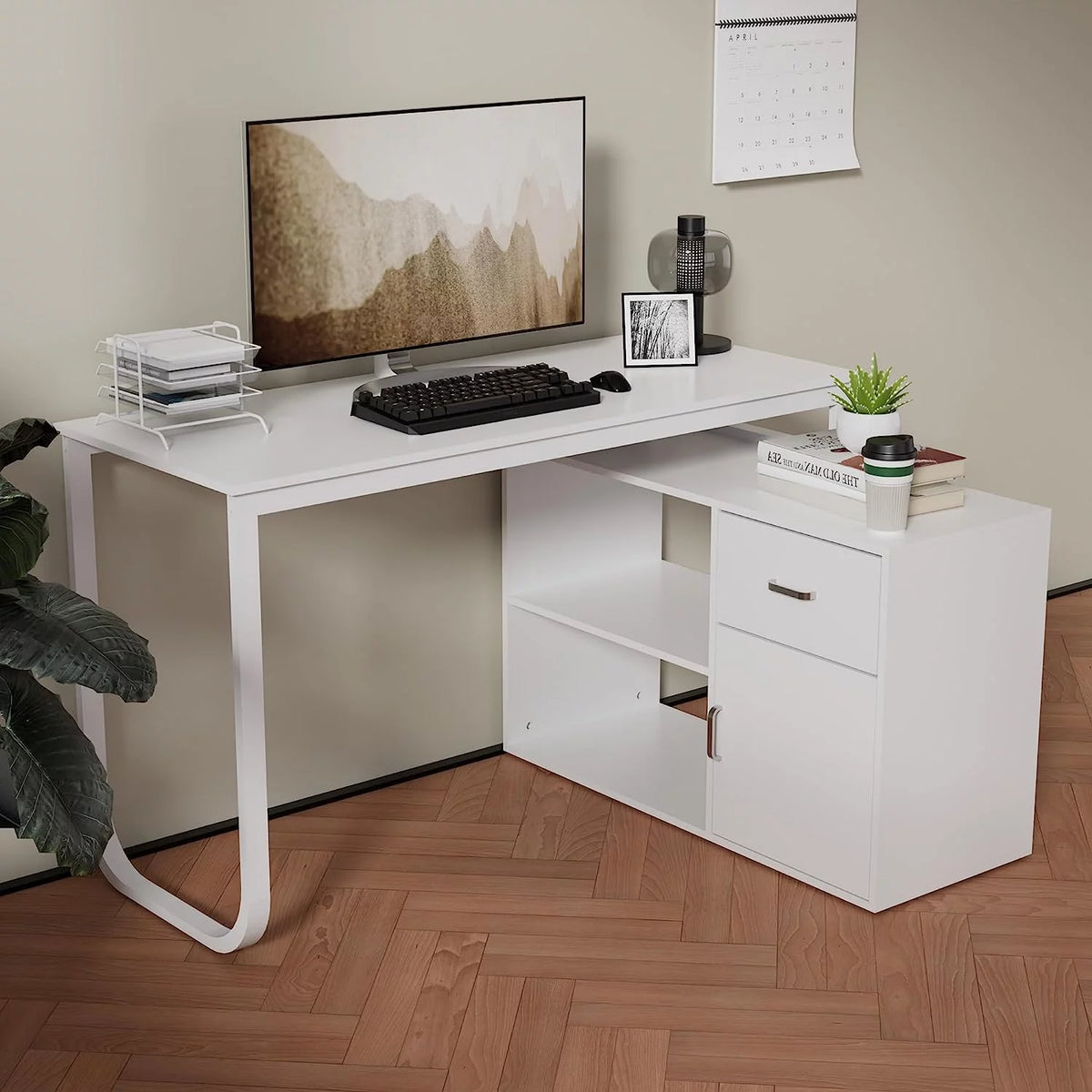 White L-Shaped Computer Desk with Drawer and 2 Shelves X8266