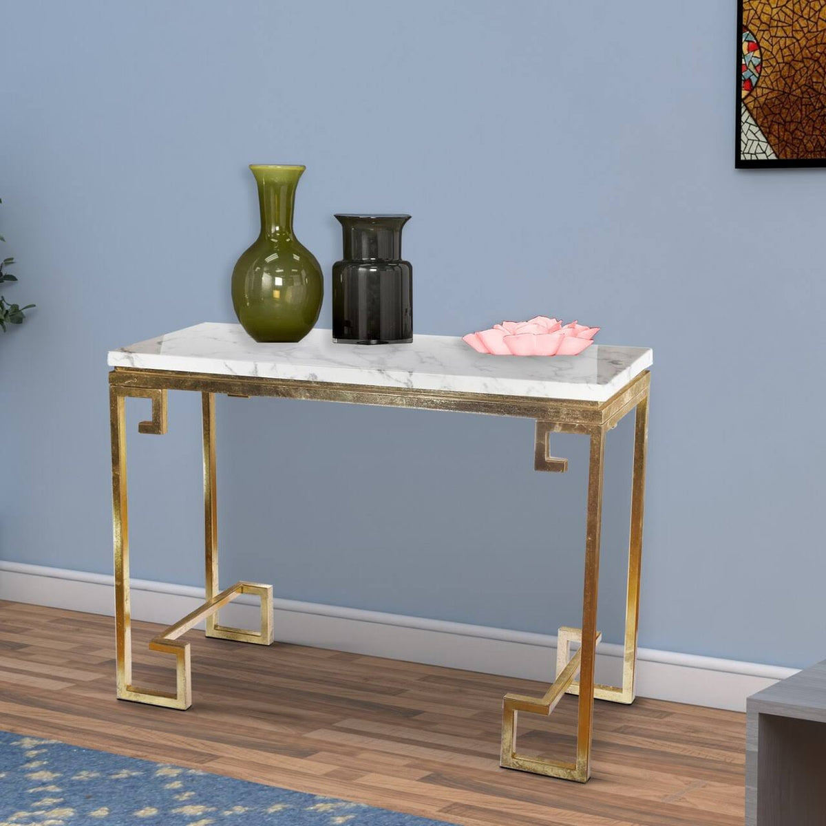Modern Iron Console with Stone Top Gold White M880