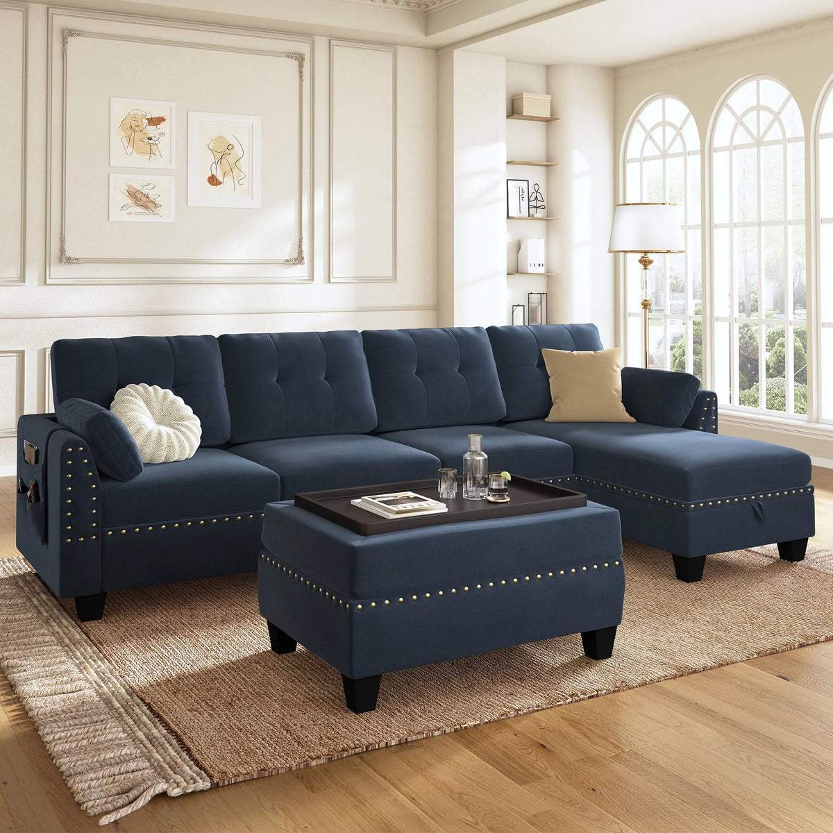 Velvet L-Shaped Sectional Sofa with Ottoman O325