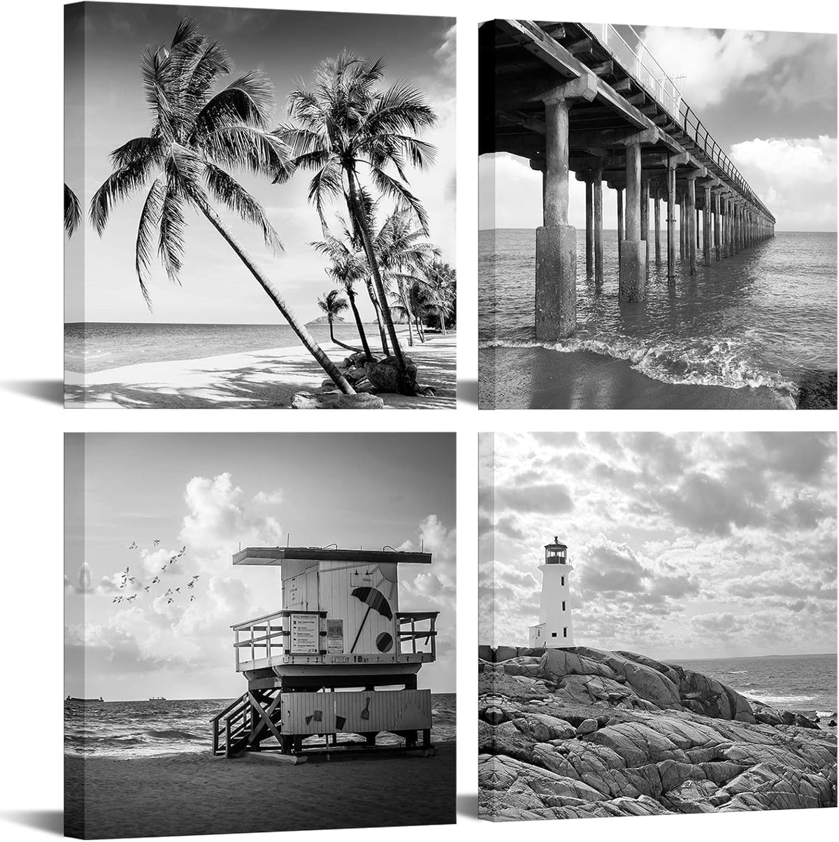 Black and White Beach Wall Art Florida Seascape Painting Lighthouse Lifeguard Tower Pier Picture Print Framed Artwork Ready to Hang B767395