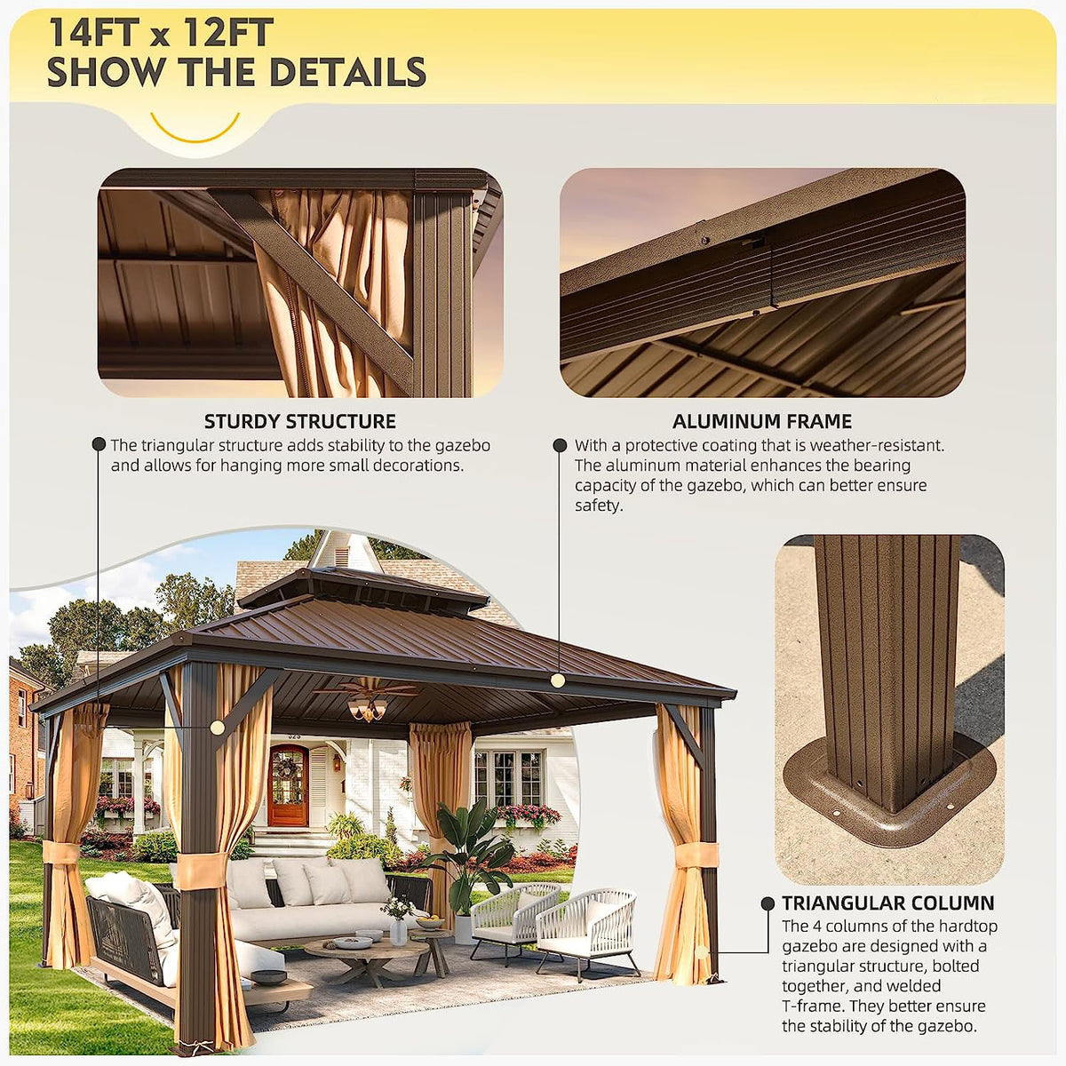 12'x14' Hardtop Gazebo with Galvanized Steel Double Roof & Aluminum Frame R29237