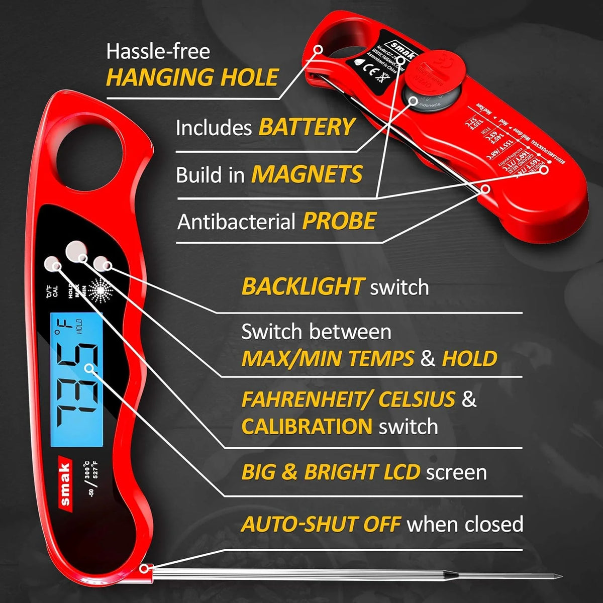 Waterproof Digital Instant Read Meat Thermometer with Backlight LCD T64616