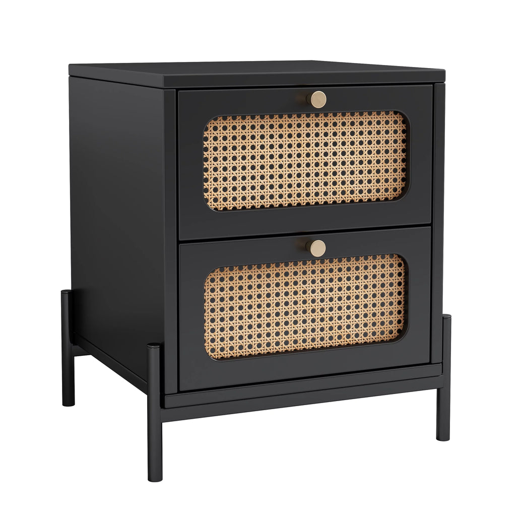 Black 2-Drawer Rattan Wood Side Table S908