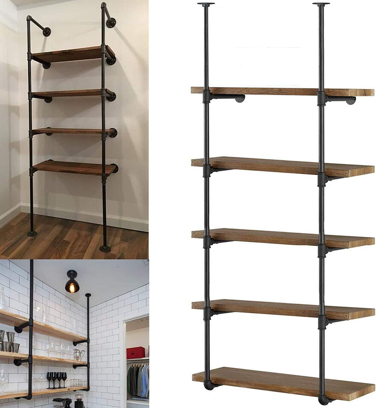Industrial Wall Mount Iron Pipe Shelving 5 Tier Black G44671