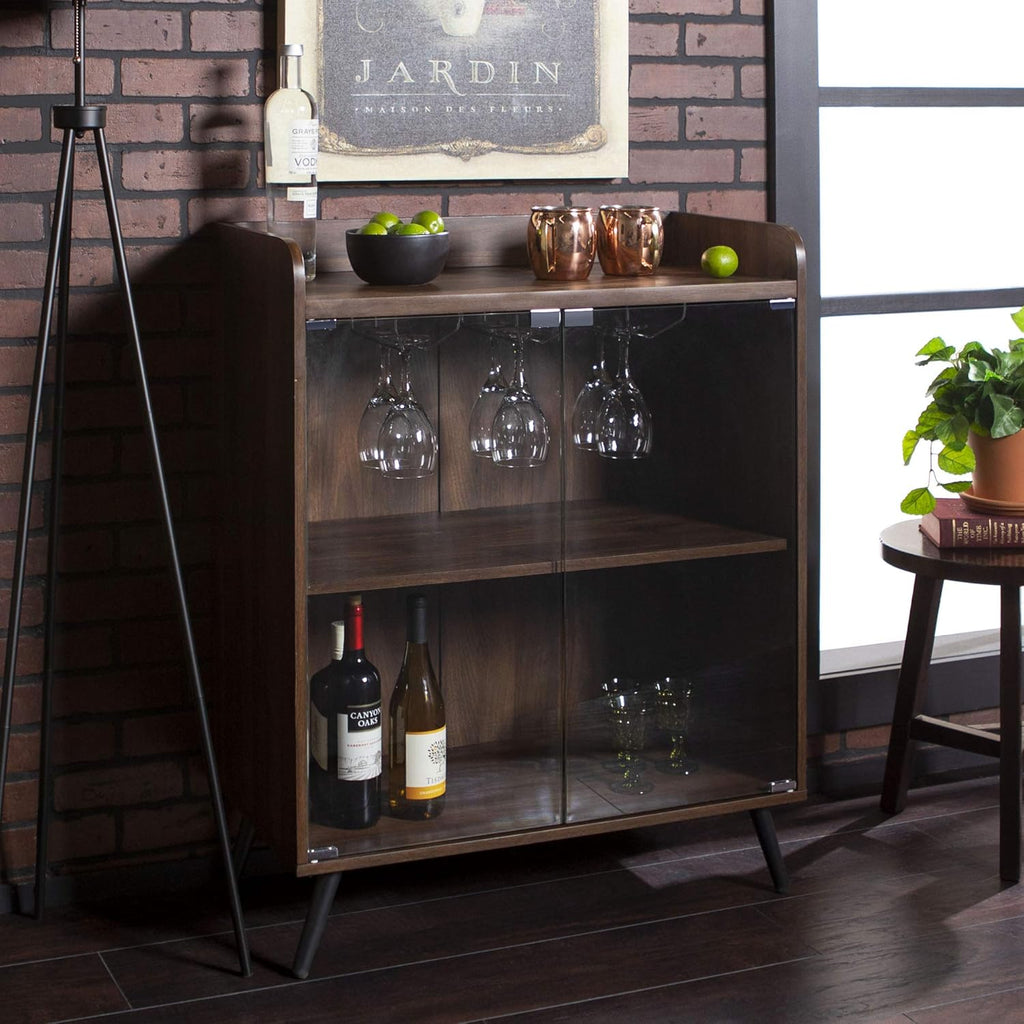 Dark Walnut Double Glass Door Bar Cabinet N2286